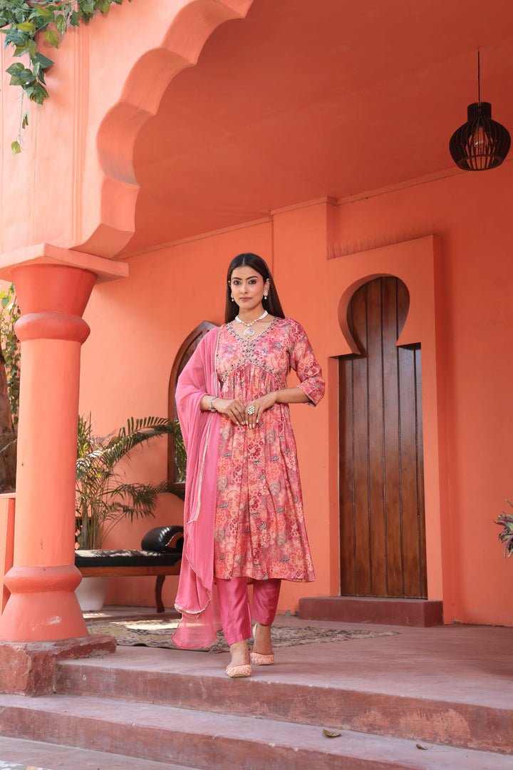 Alia Cut Anarkali Printed Pink Color Suit With Trousers & Dupatta Set