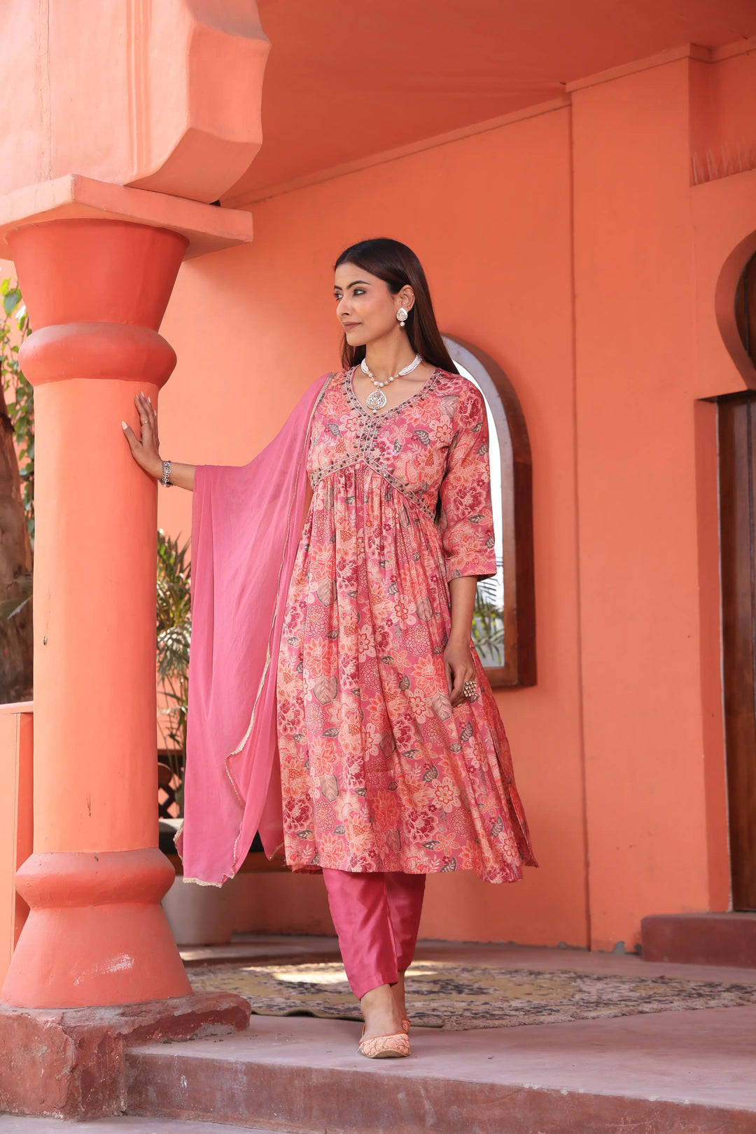 Alia Cut Anarkali Printed Pink Color Suit With Trousers & Dupatta Set