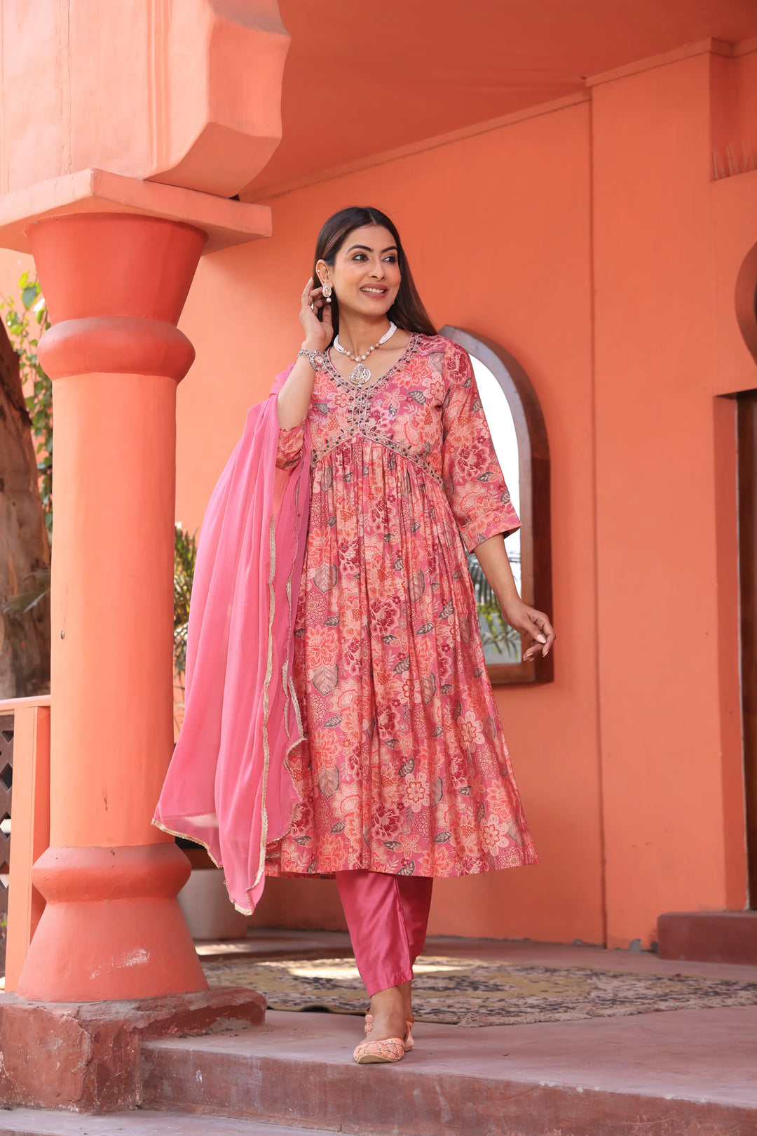 Alia Cut Anarkali Printed Pink Color Suit With Trousers & Dupatta Set