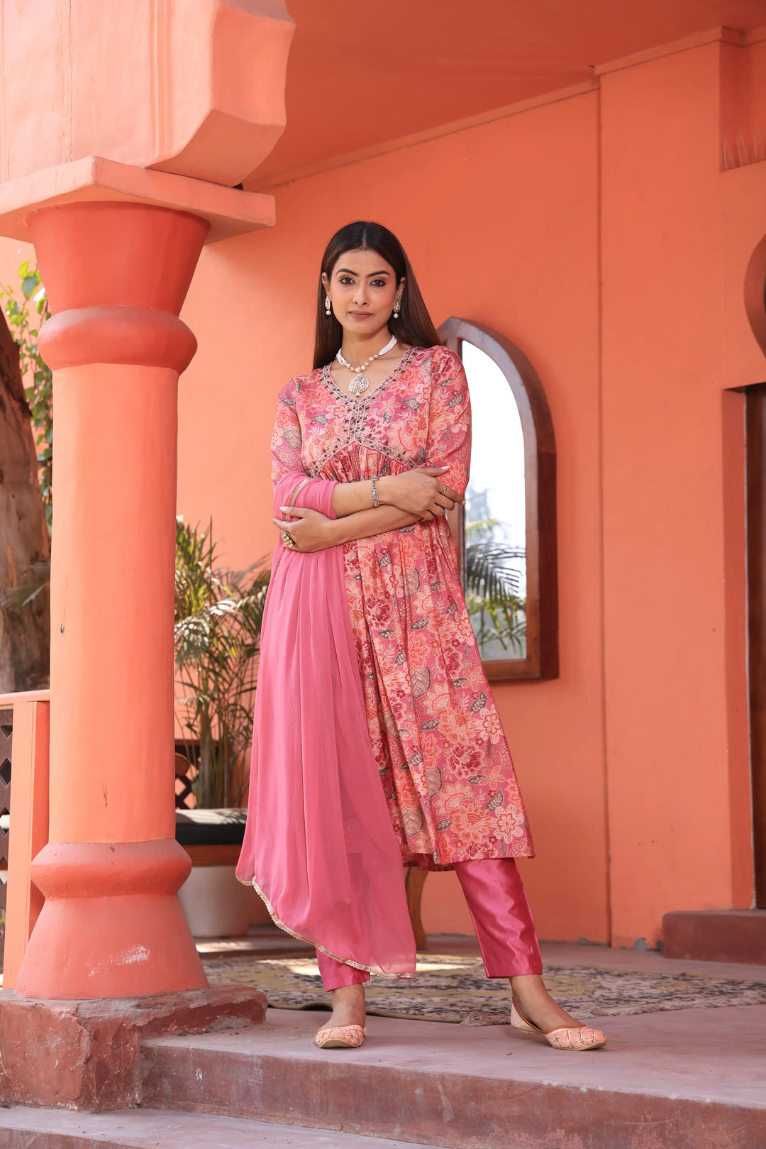 Alia Cut Anarkali Printed Pink Color Suit With Trousers & Dupatta Set