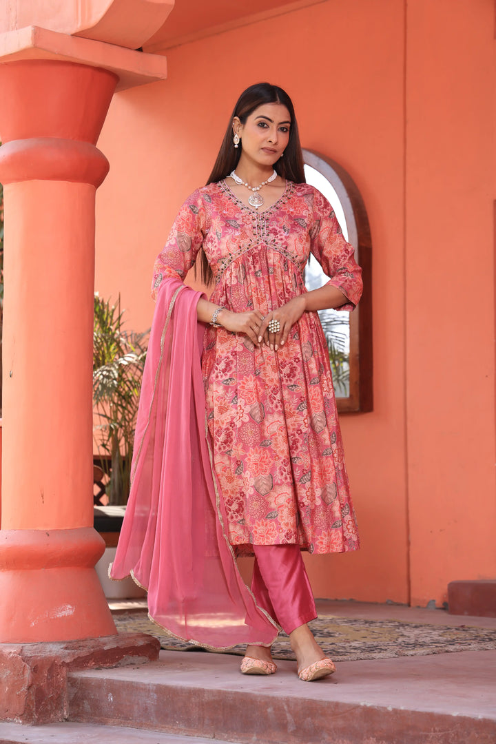 Alia Cut Anarkali Printed Pink Color Suit With Trousers & Dupatta Set