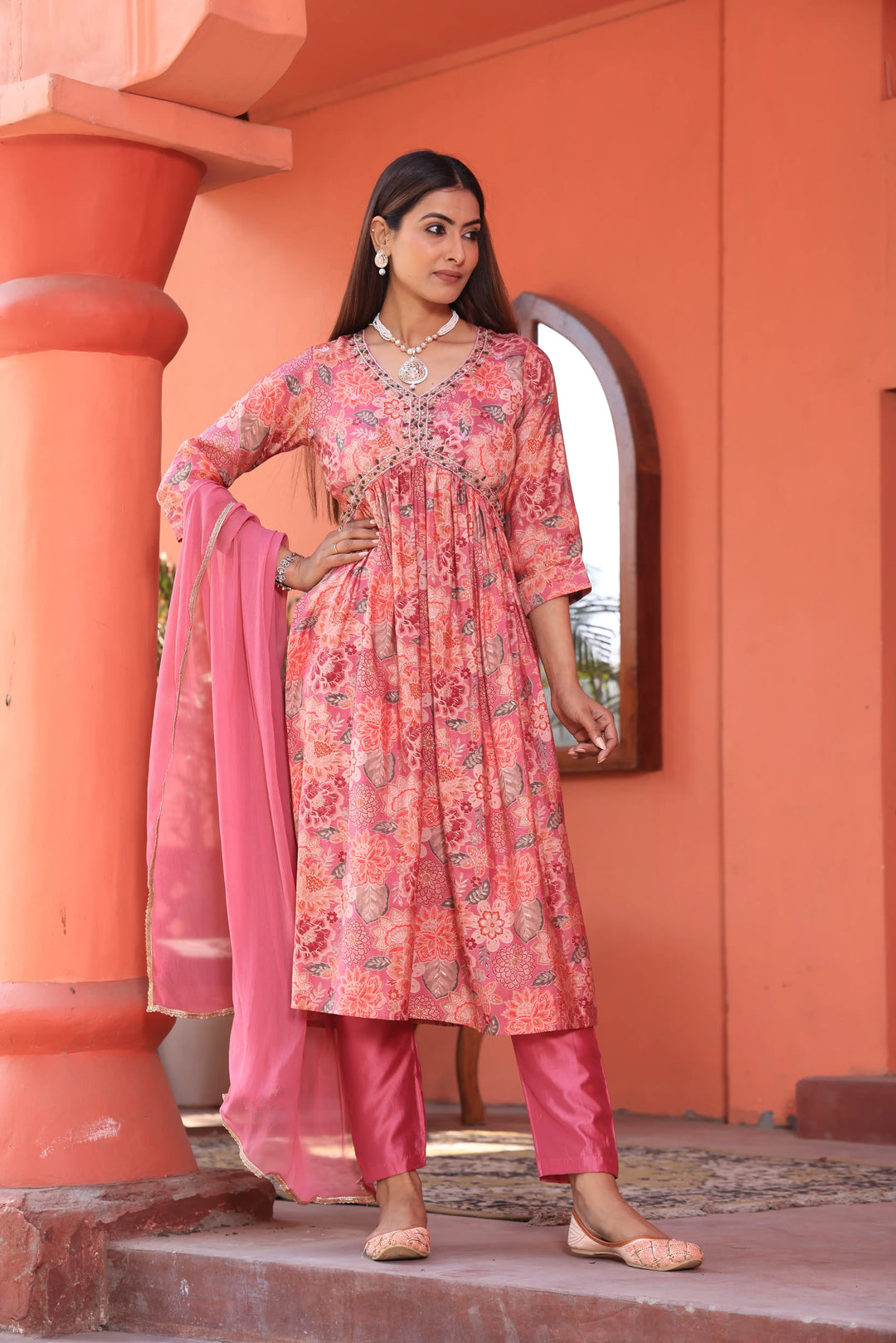 Alia Cut Anarkali Printed Pink Color Suit With Trousers & Dupatta Set