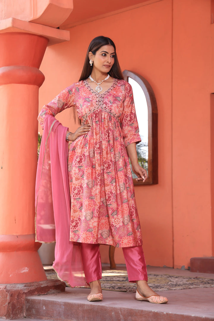 Alia Cut Anarkali Printed Pink Color Suit With Trousers & Dupatta Set