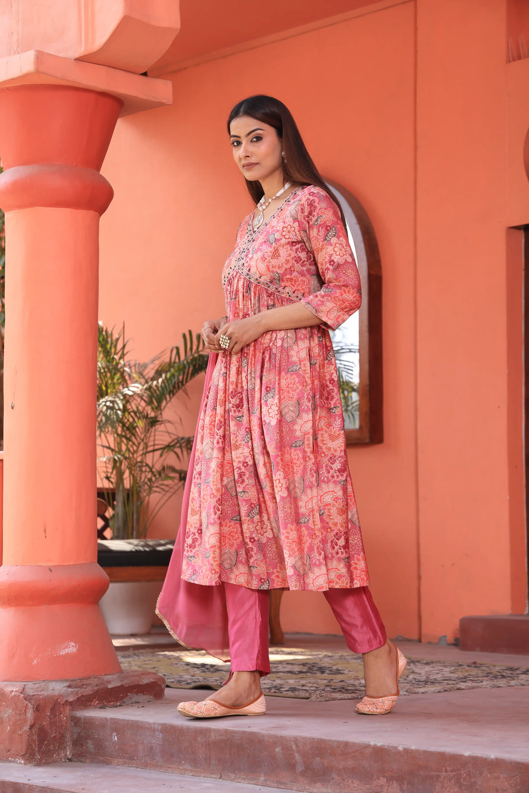 Alia Cut Anarkali Printed Pink Color Suit With Trousers & Dupatta Set