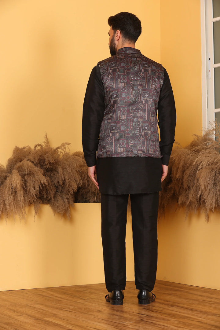 Multi Color Nehru Jacket and Black Kurta with Pant Set for Men