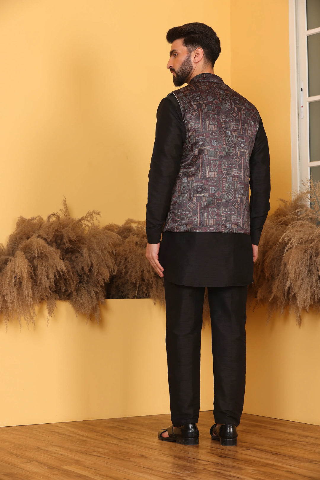 Multi Color Nehru Jacket and Black Kurta with Pant Set for Men