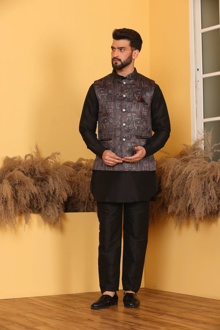 Multi Color Nehru Jacket and Black Kurta with Pant Set for Men