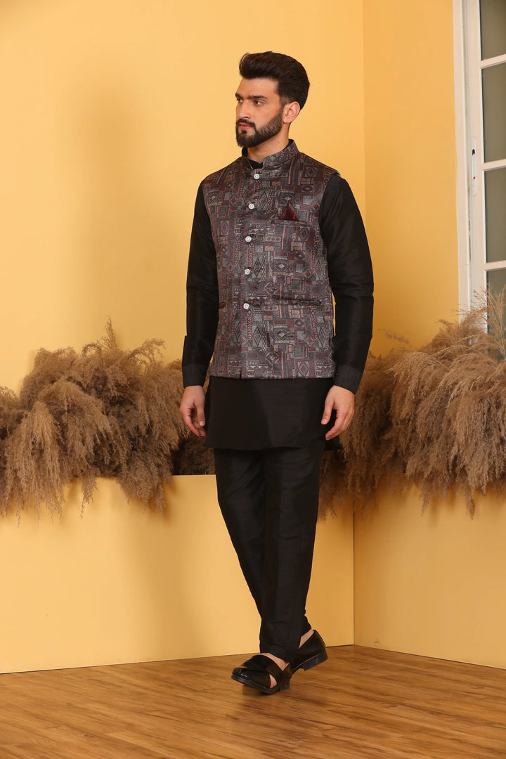 Multi Color Nehru Jacket and Black Kurta with Pant Set for Men