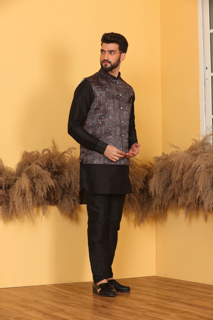 Multi Color Nehru Jacket and Black Kurta with Pant Set for Men