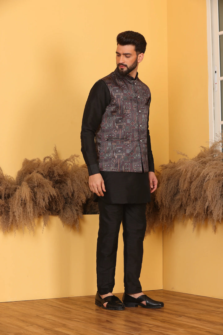 Multi Color Nehru Jacket and Black Kurta with Pant Set for Men