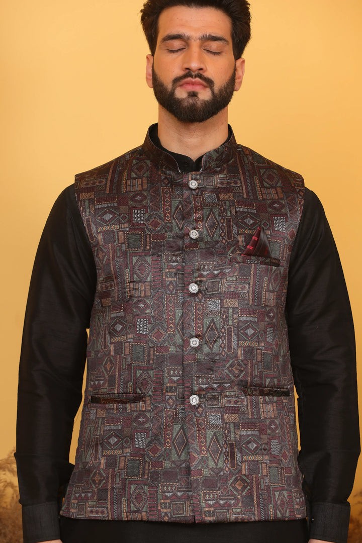 Multi Color Nehru Jacket and Black Kurta with Pant Set for Men