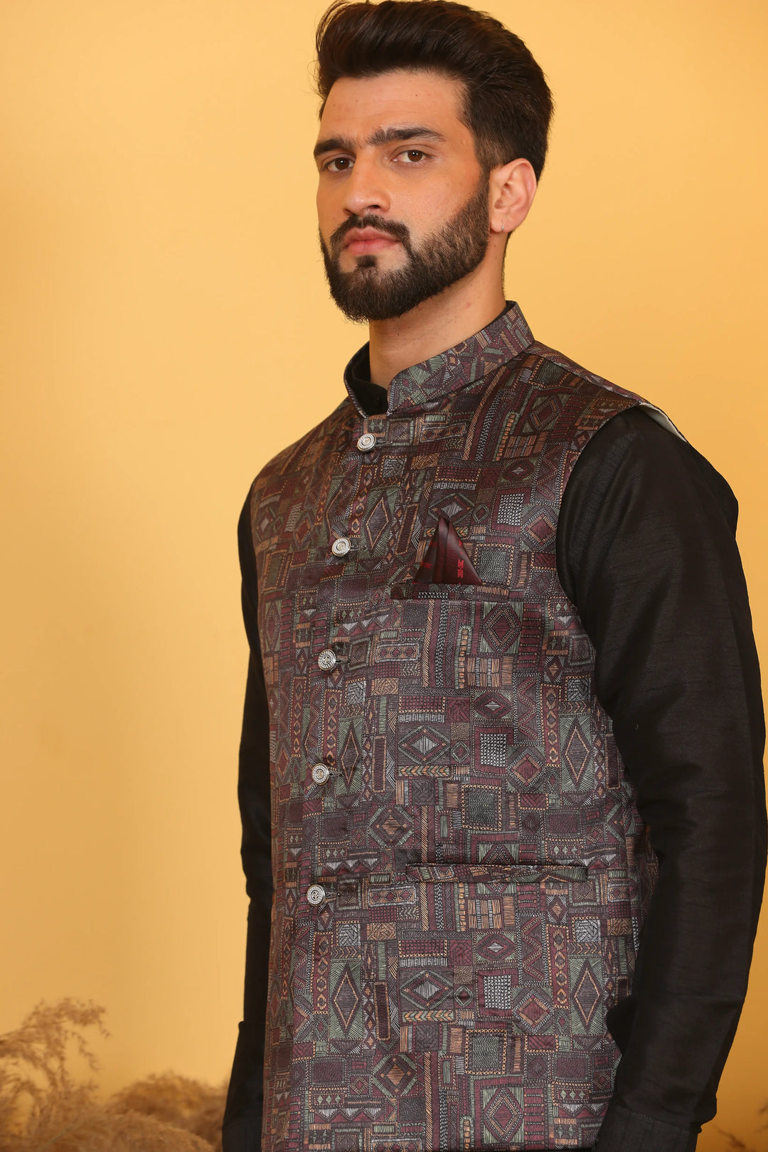 Multi Color Nehru Jacket and Black Kurta with Pant Set for Men