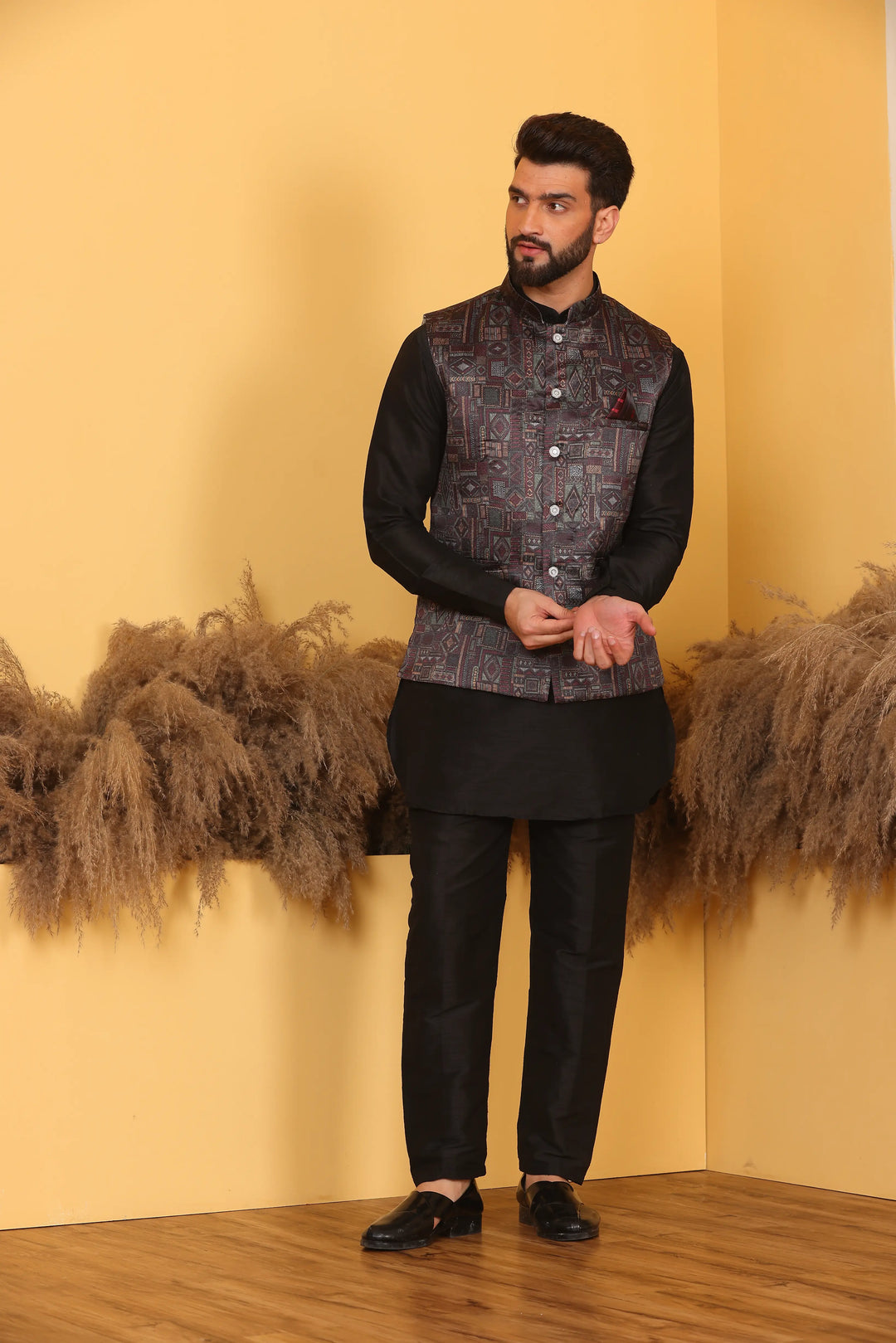 Multi Color Nehru Jacket and Black Kurta with Pant Set for Men