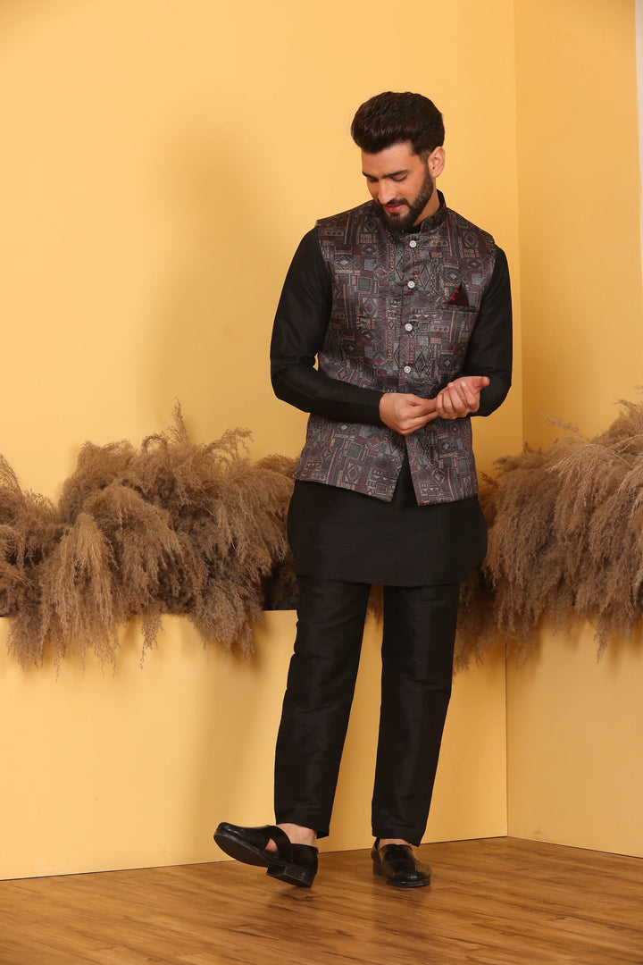 Multi Color Nehru Jacket and Black Kurta with Pant Set for Men