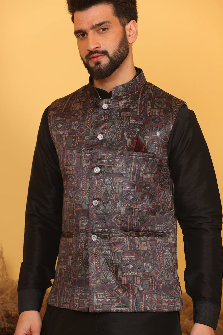 Multi Color Nehru Jacket and Black Kurta with Pant Set for Men