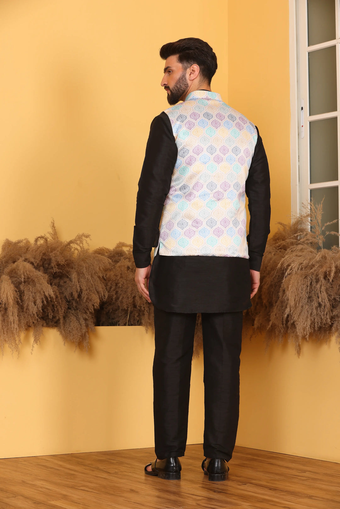 Multi Color Modi Jacket and Black Kurta with Pant Set for Men