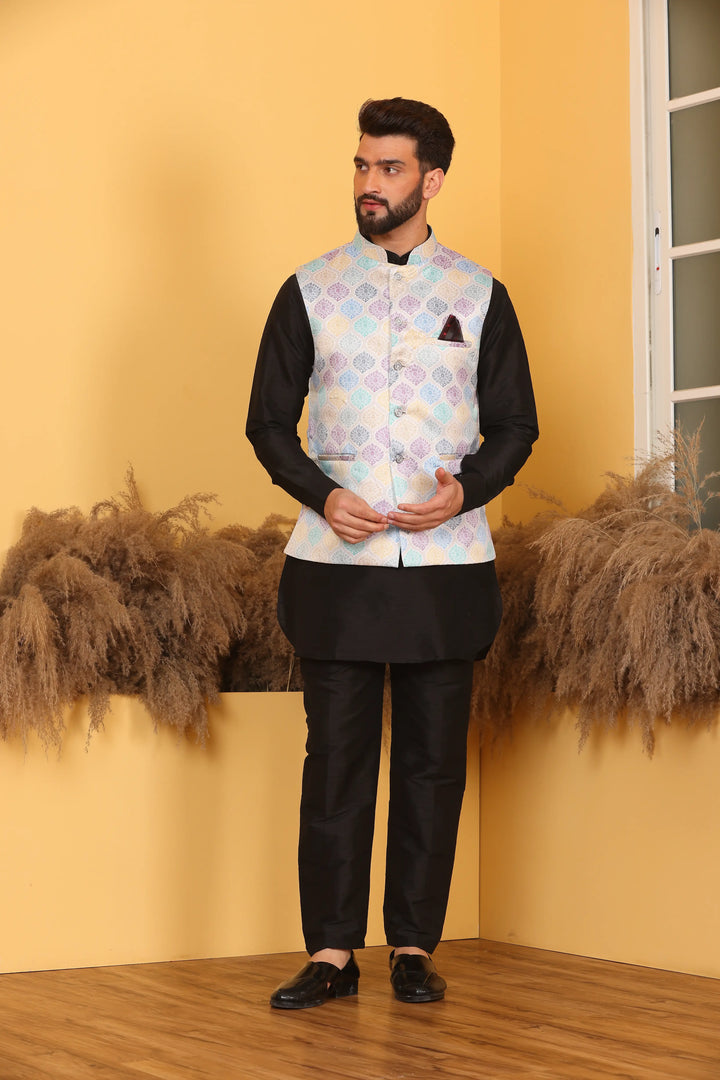 Multi Color Modi Jacket and Black Kurta with Pant Set for Men