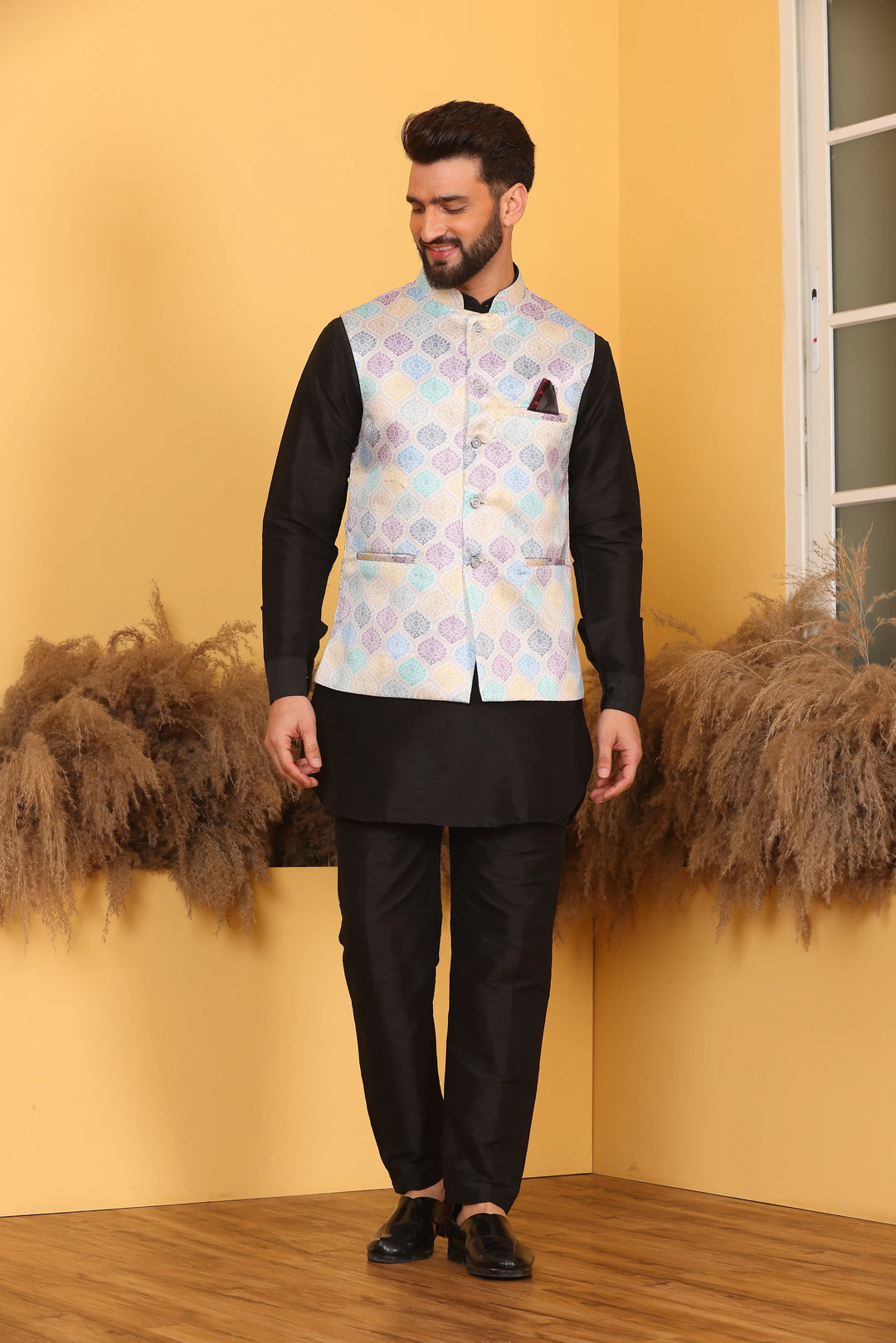 Multi Color Modi Jacket and Black Kurta with Pant Set for Men