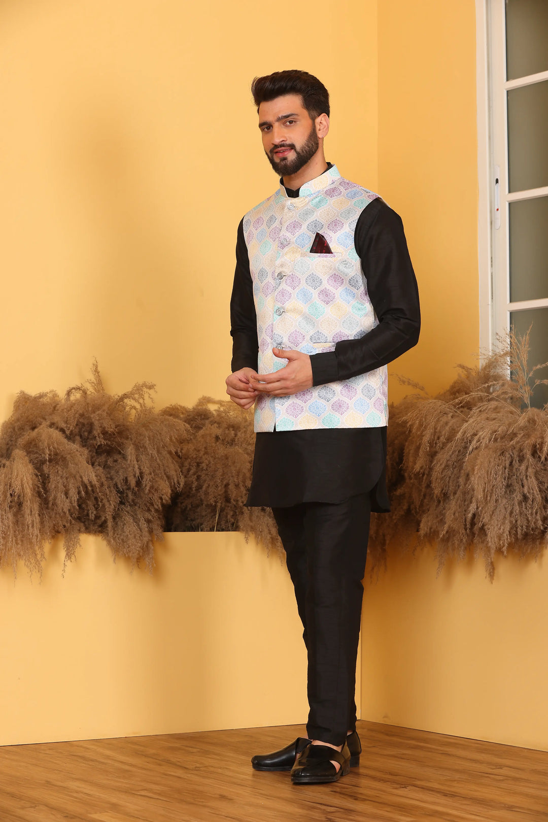 Multi Color Modi Jacket and Black Kurta with Pant Set for Men