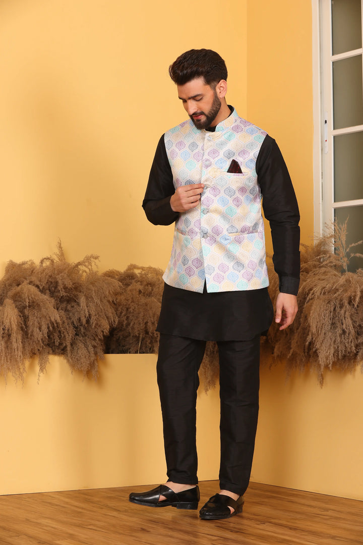 Multi Color Modi Jacket and Black Kurta with Pant Set for Men