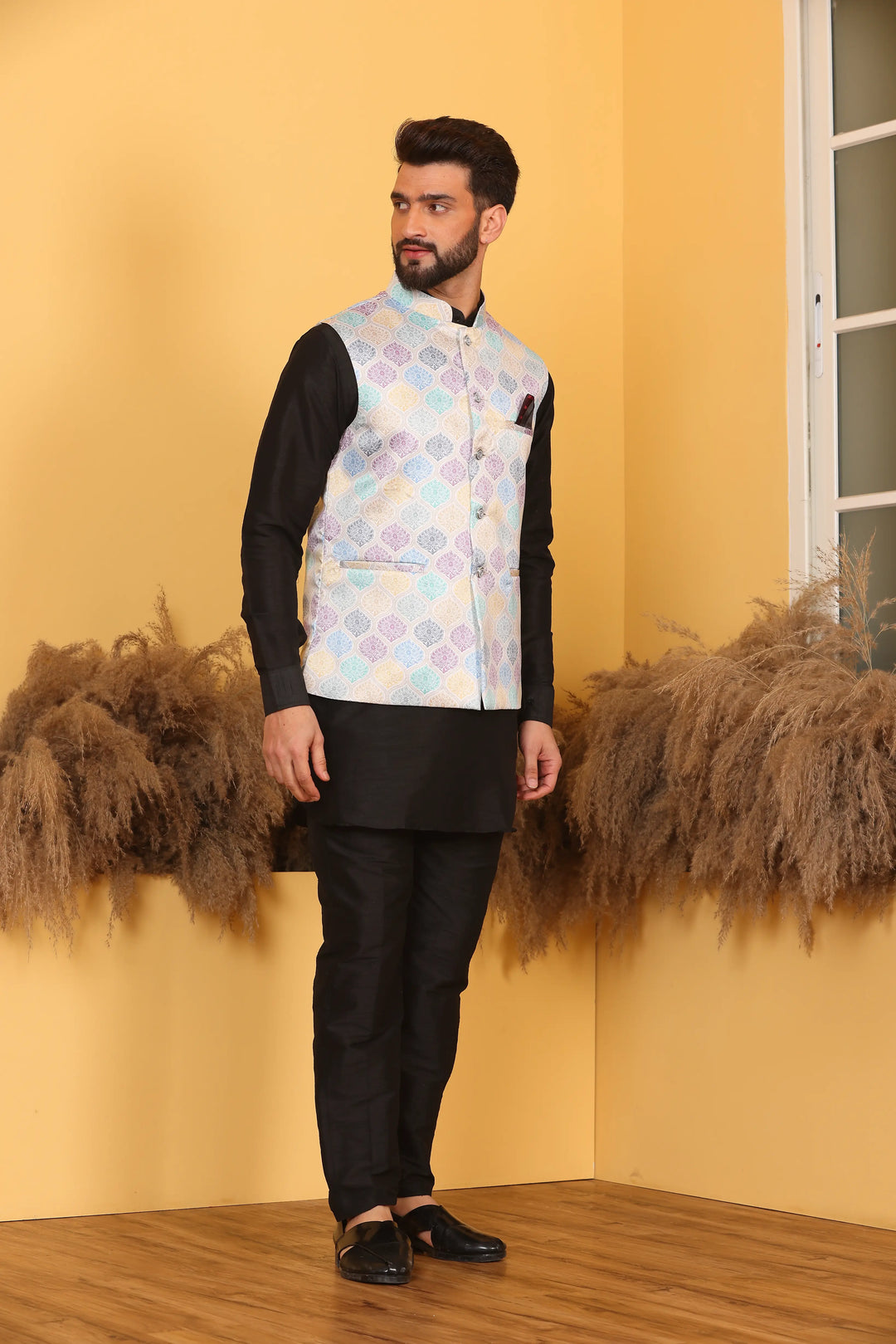 Multi Color Modi Jacket and Black Kurta with Pant Set for Men