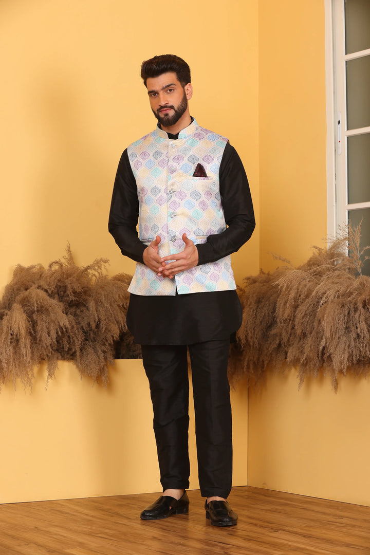 Multi Color Modi Jacket and Black Kurta with Pant Set for Men