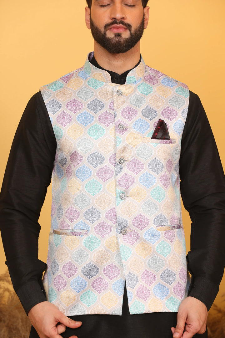 Multi Color Modi Jacket and Black Kurta with Pant Set for Men