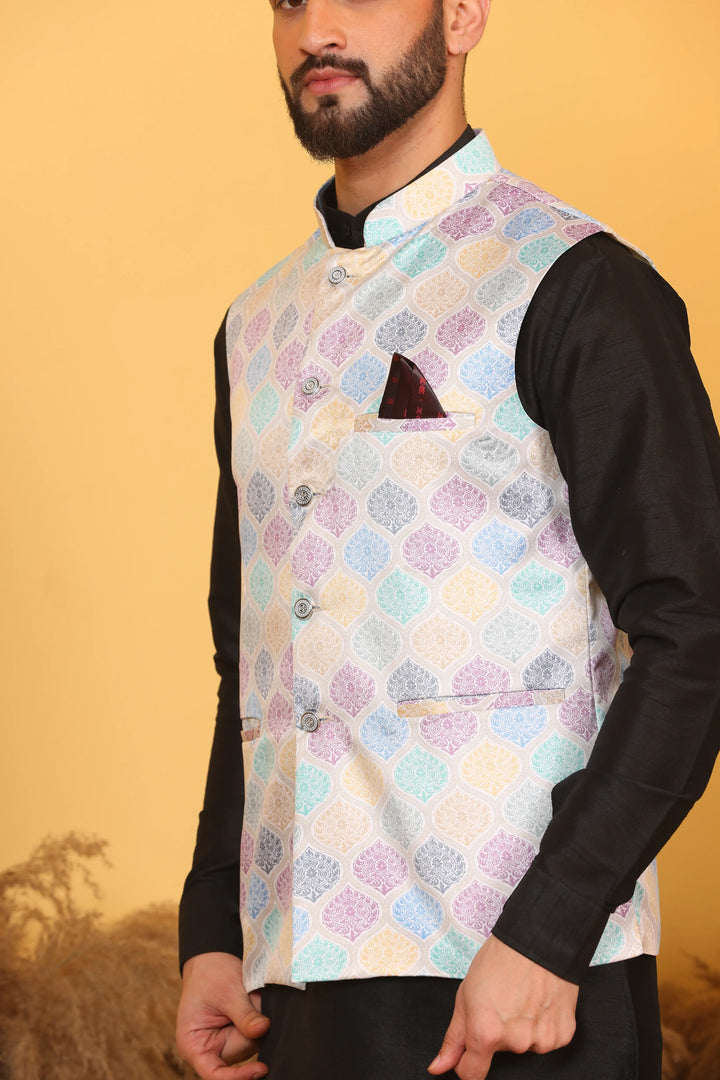 Multi Color Modi Jacket and Black Kurta with Pant Set for Men