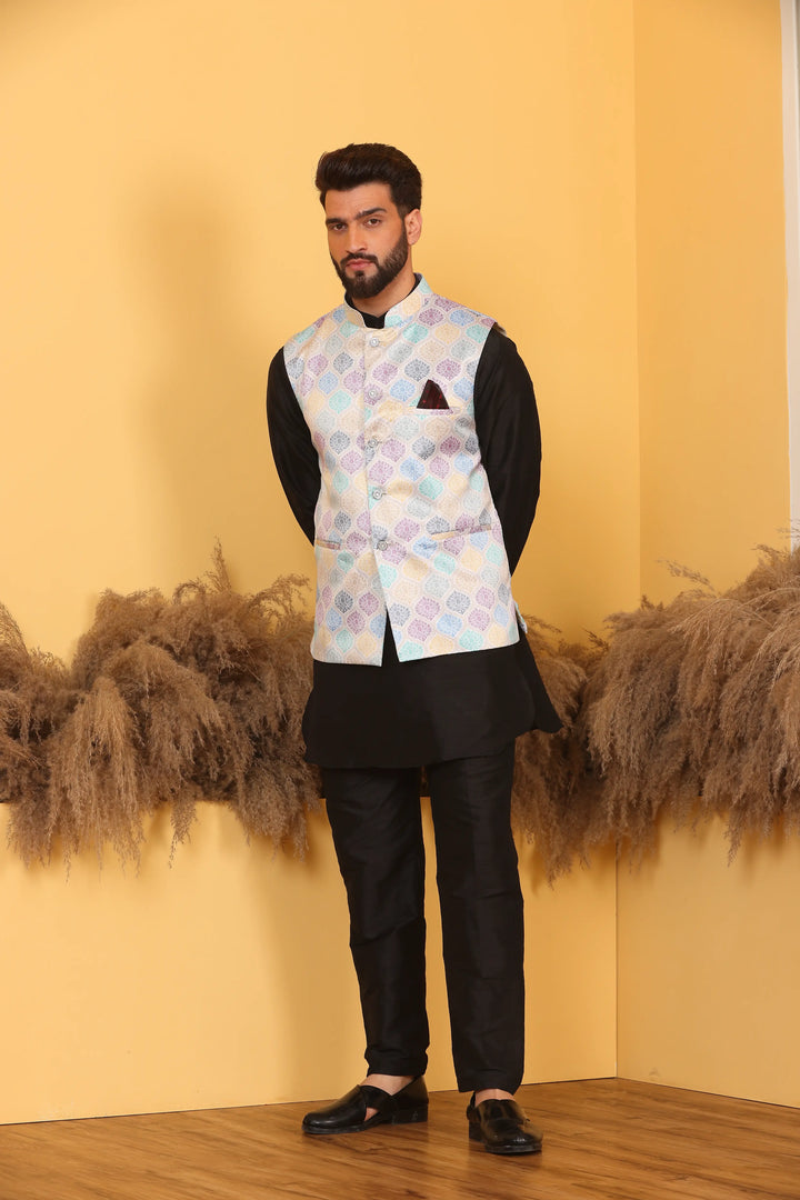 Multi Color Modi Jacket and Black Kurta with Pant Set for Men