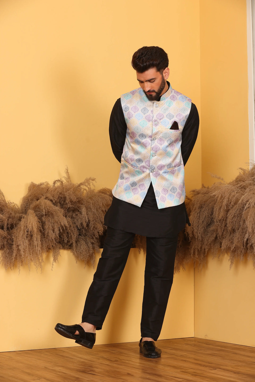 Multi Color Modi Jacket and Black Kurta with Pant Set for Men