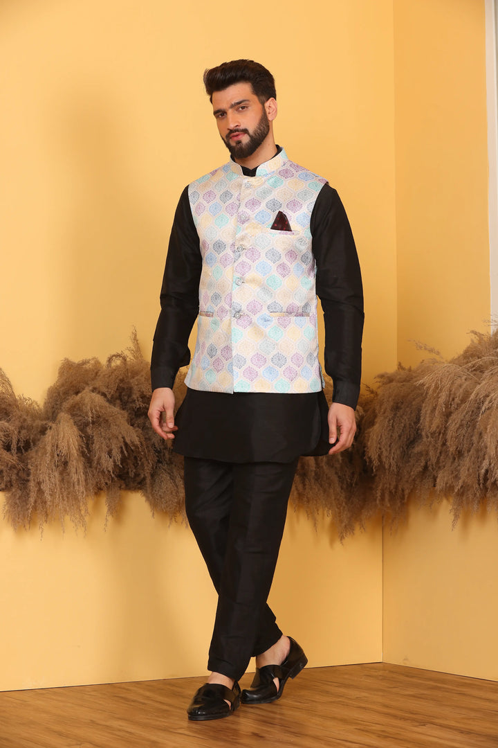 Multi Color Modi Jacket and Black Kurta with Pant Set for Men