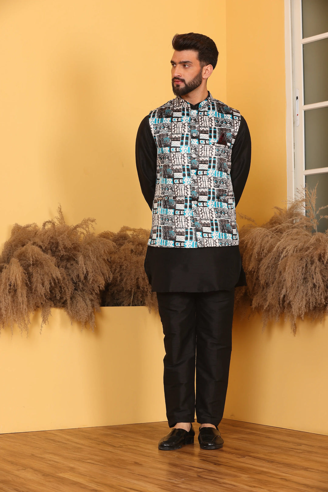 Multi Color Nehru Jacket and Black Kurta with Pant Set for Men