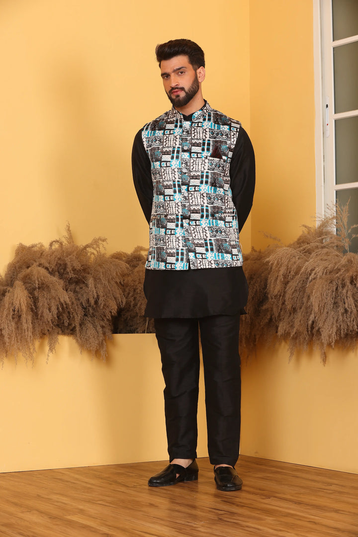 Multi Color Nehru Jacket and Black Kurta with Pant Set for Men