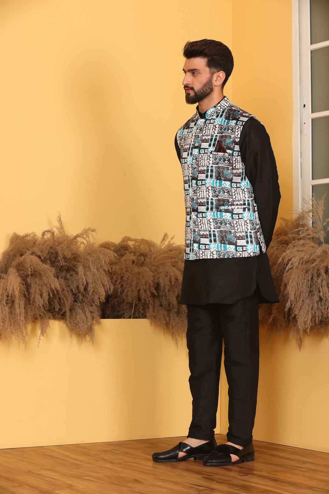 Multi Color Nehru Jacket and Black Kurta with Pant Set for Men