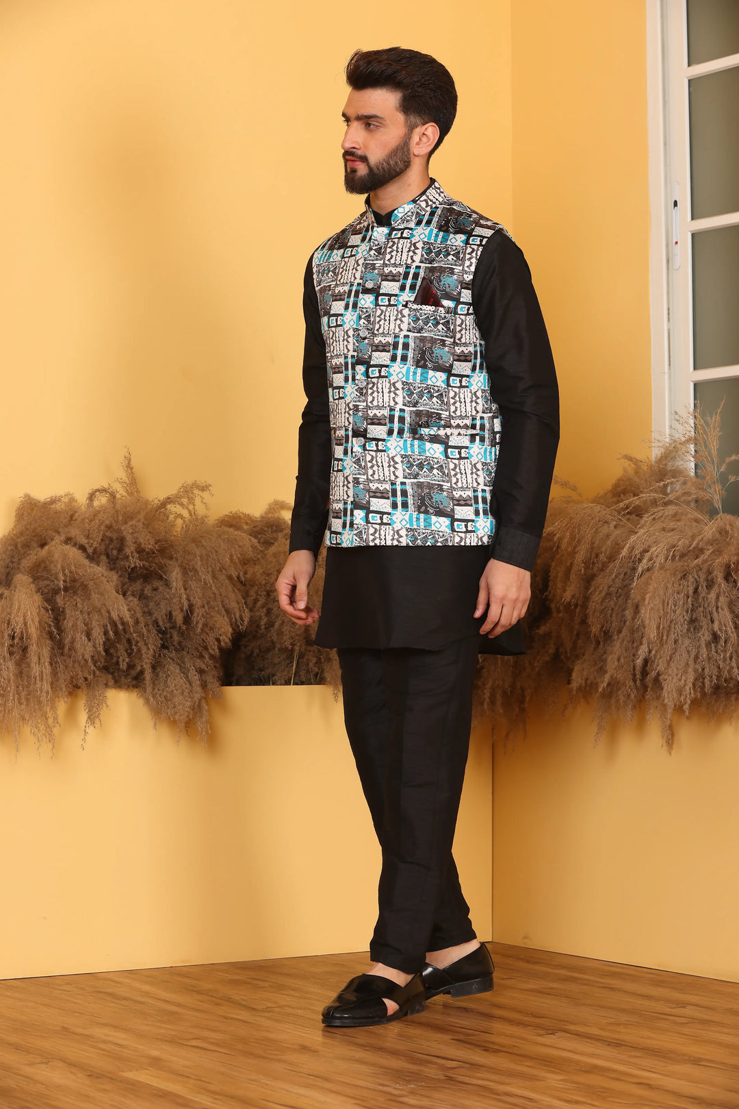 Multi Color Nehru Jacket and Black Kurta with Pant Set for Men