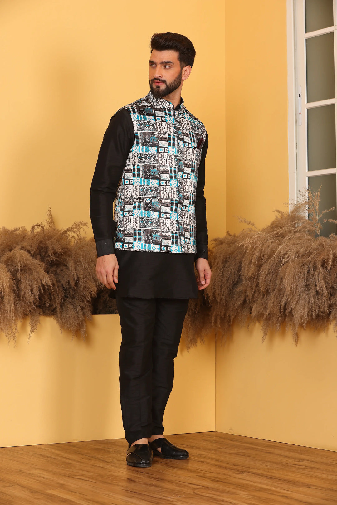 Multi Color Nehru Jacket and Black Kurta with Pant Set for Men