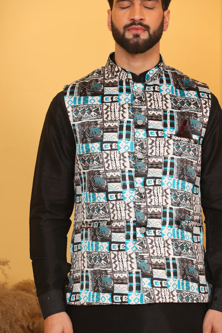 Multi Color Nehru Jacket and Black Kurta with Pant Set for Men