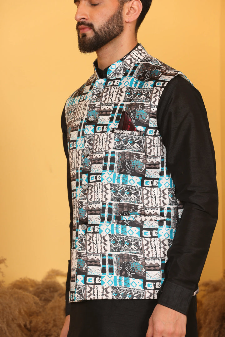 Multi Color Nehru Jacket and Black Kurta with Pant Set for Men