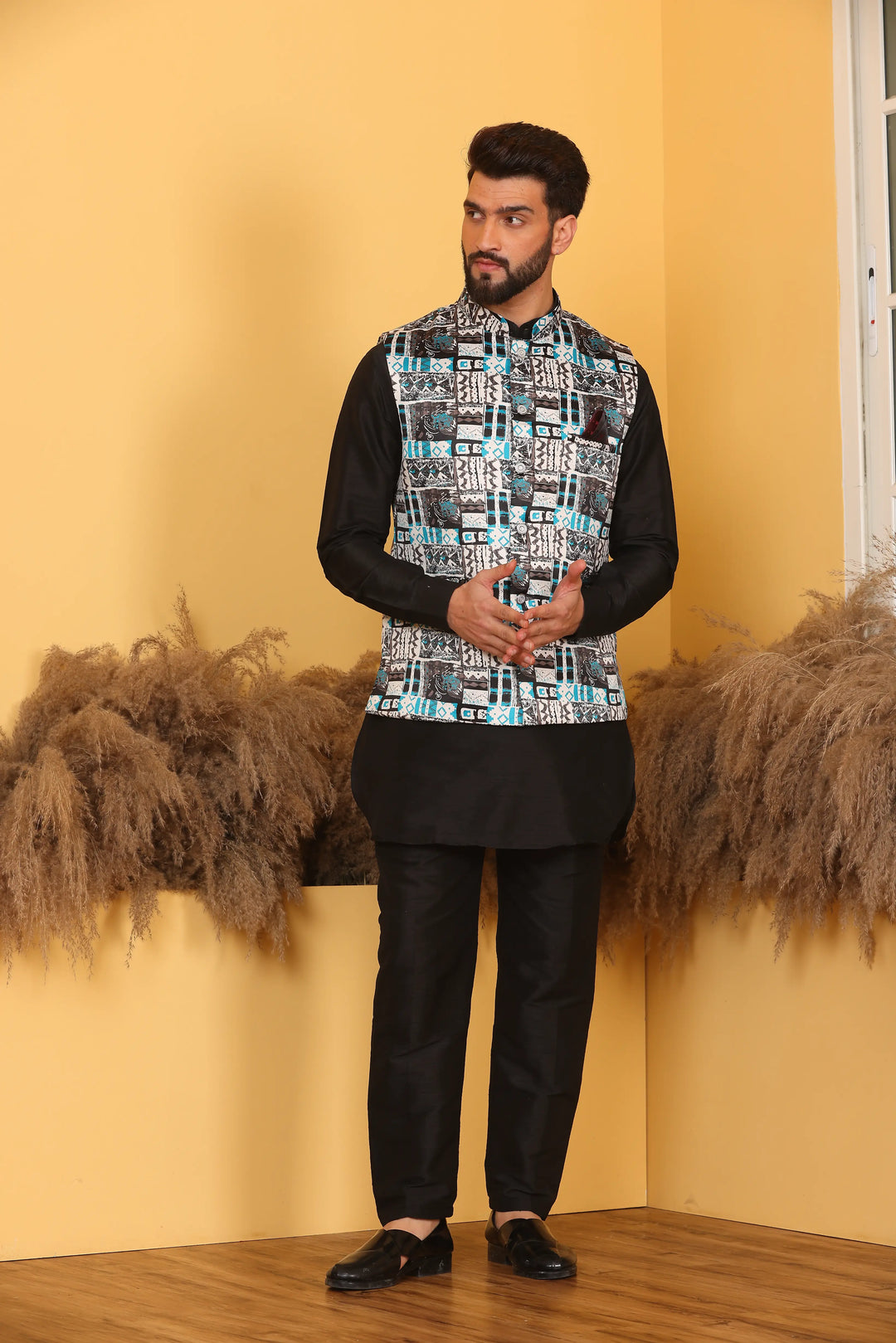 Multi Color Nehru Jacket and Black Kurta with Pant Set for Men