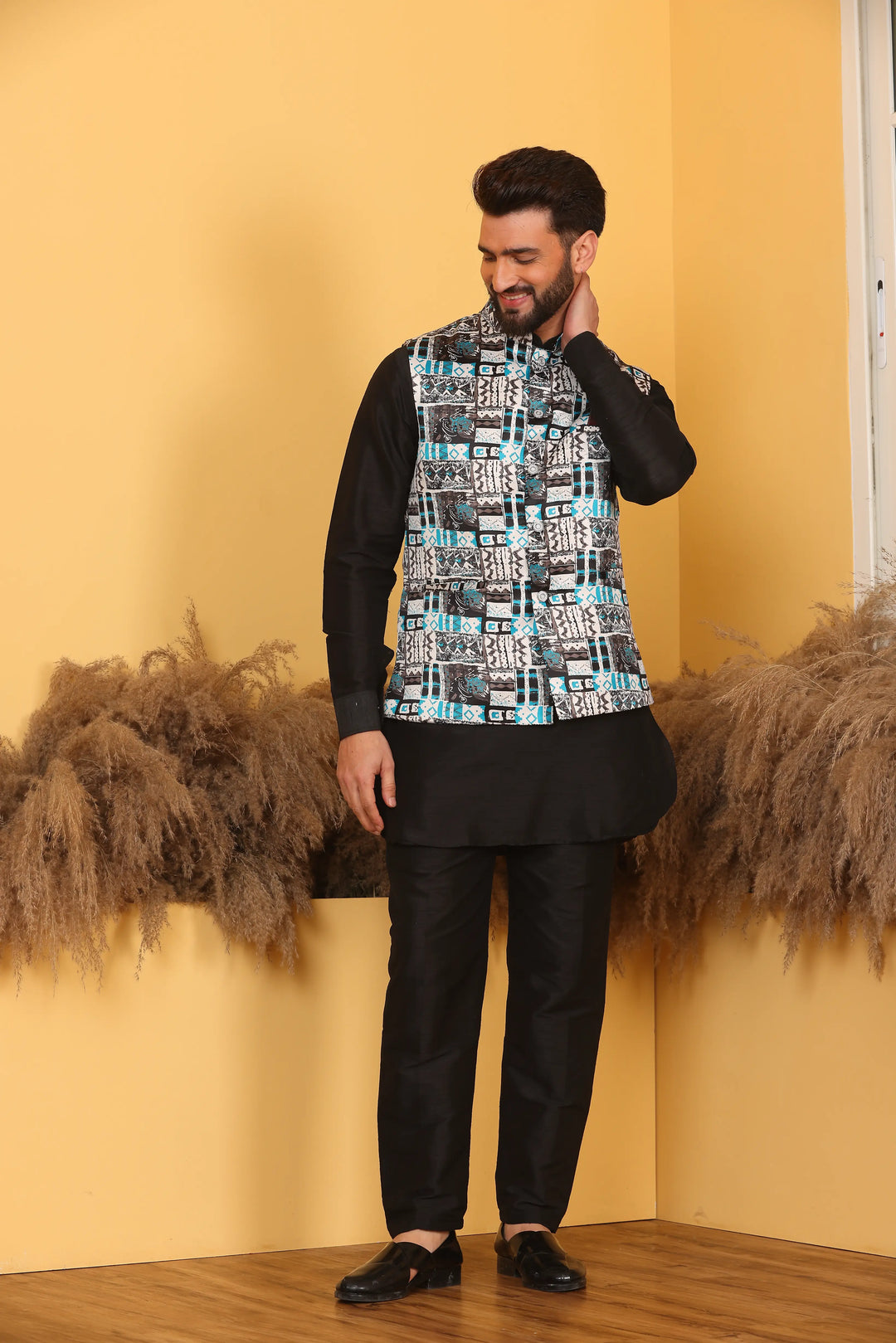 Multi Color Nehru Jacket and Black Kurta with Pant Set for Men