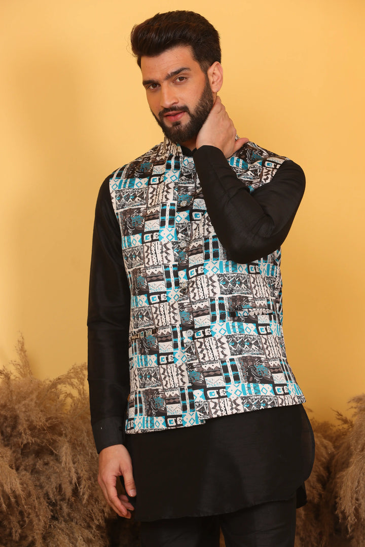 Multi Color Nehru Jacket and Black Kurta with Pant Set for Men