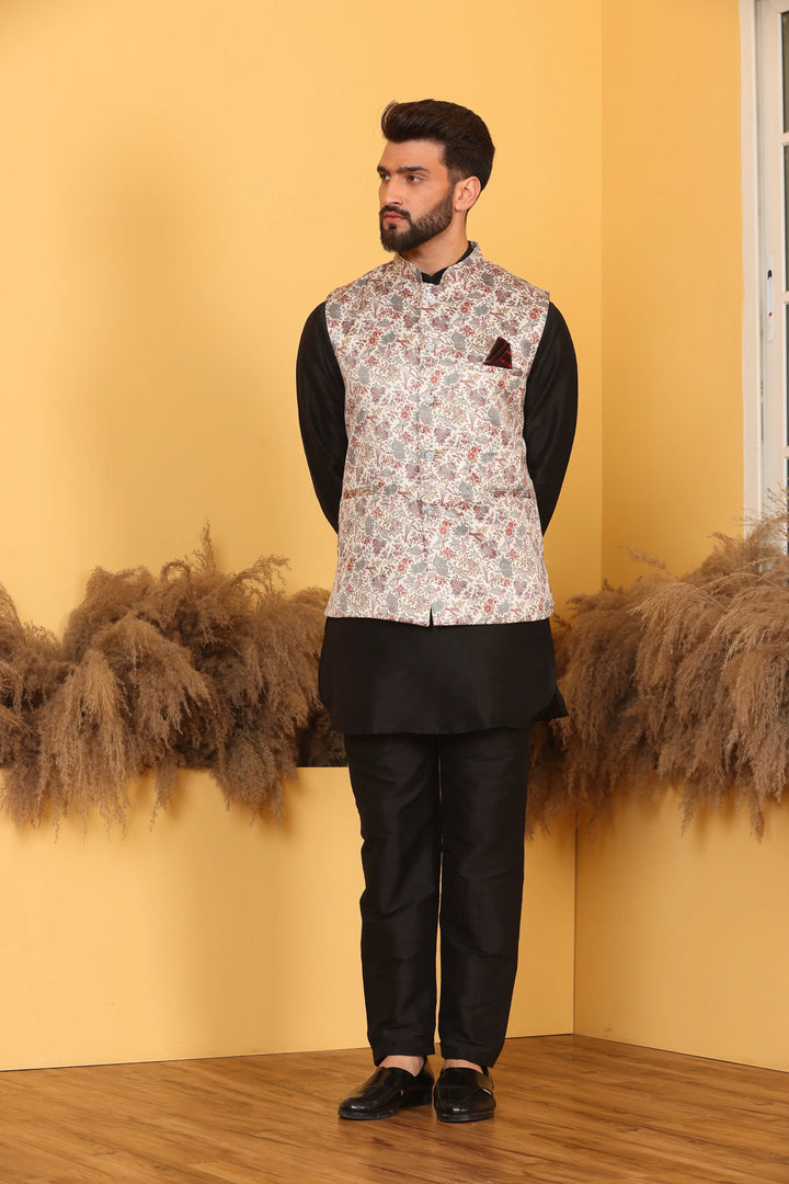 MULTI COLOR MODI JACKET AND BLACK KURTA WITH PANT SET FOR MEN