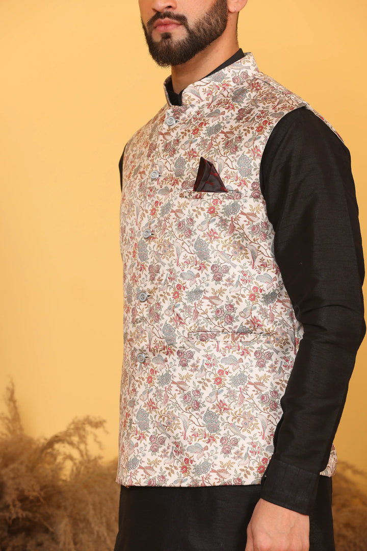 MULTI COLOR MODI JACKET AND BLACK KURTA WITH PANT SET FOR MEN