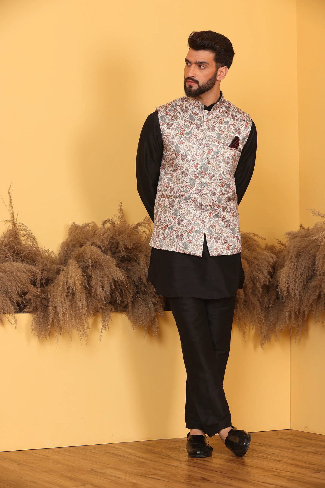 MULTI COLOR MODI JACKET AND BLACK KURTA WITH PANT SET FOR MEN