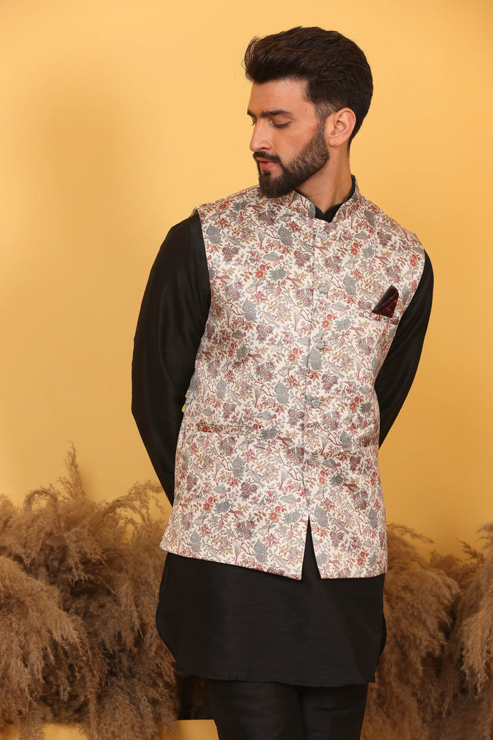 MULTI COLOR MODI JACKET AND BLACK KURTA WITH PANT SET FOR MEN