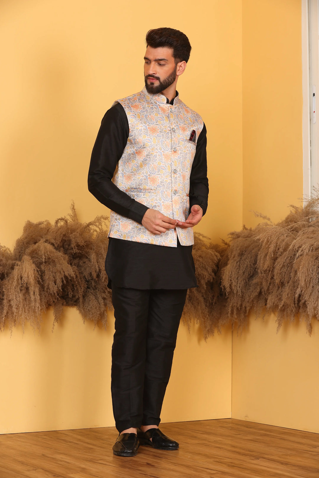 Multi Color Nehru Jacket and Black Kurta with Pant Set for Men