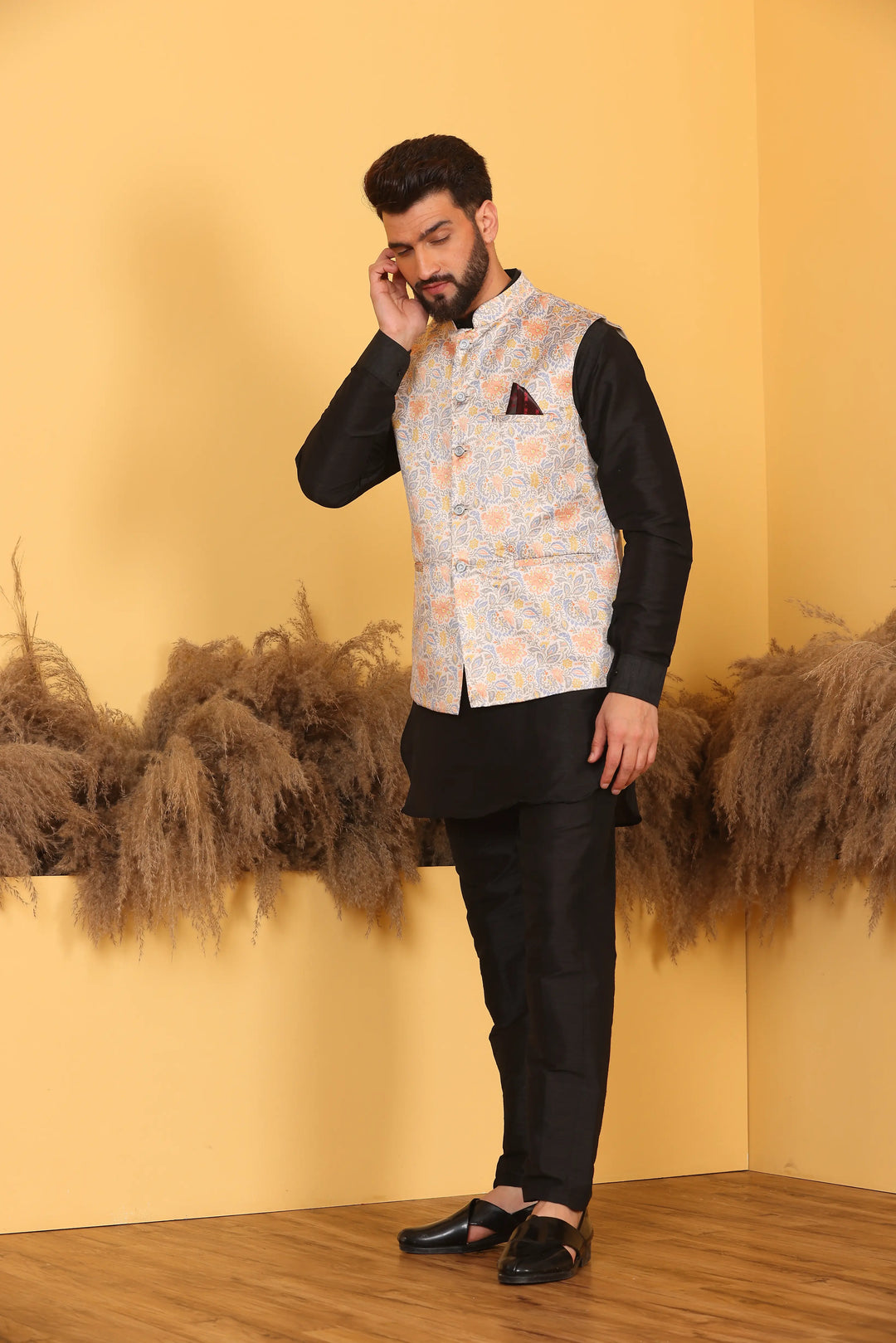 Multi Color Nehru Jacket and Black Kurta with Pant Set for Men