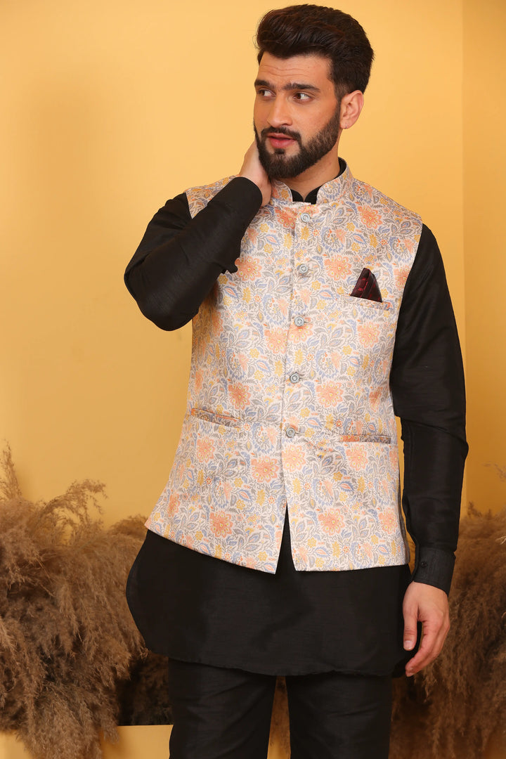 Multi Color Nehru Jacket and Black Kurta with Pant Set for Men