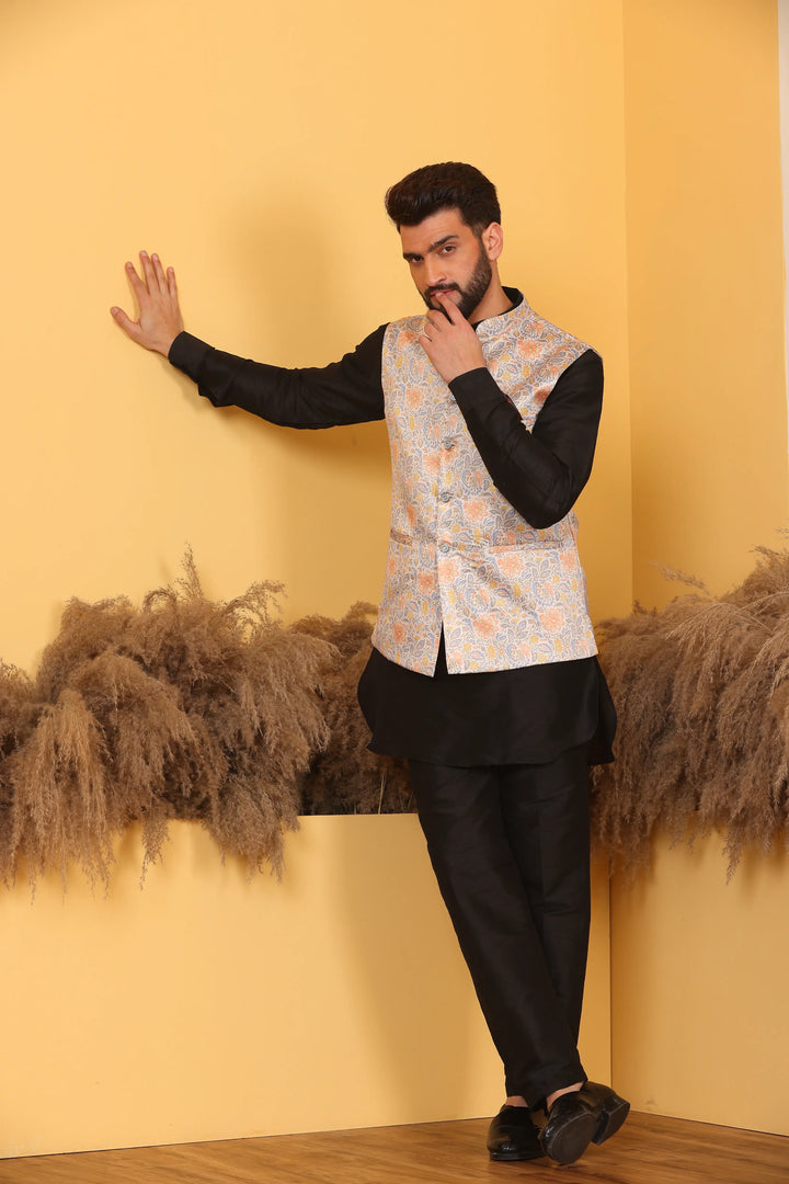 Multi Color Nehru Jacket and Black Kurta with Pant Set for Men