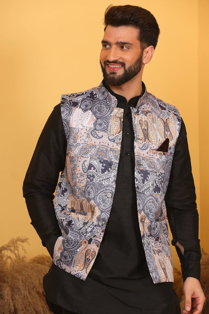 Multi Color Nehru Jacket and Black Kurta with Pant Set for Men